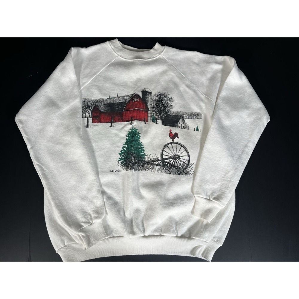 Vintage‎ Hanes Activewear Barnyard Farm Cottage Retro Art Pullover Sweatshirt L